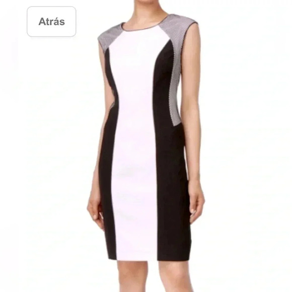 CALVIN KLEIN White Black Mesh Accent Sheath Dress Size 12 - Picture 1 of 8